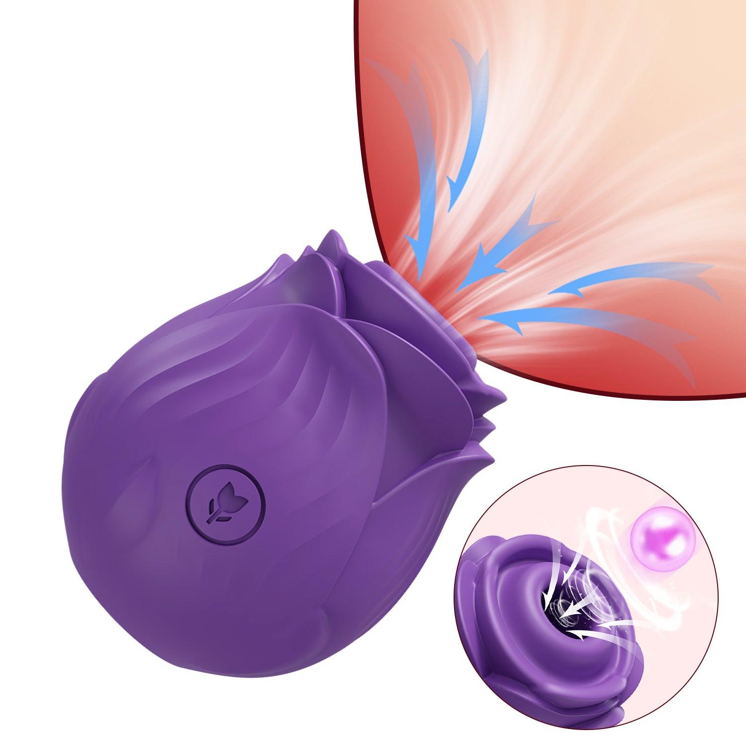 Rose-shaped suction vibrator showing soft silicone petals and nozzle