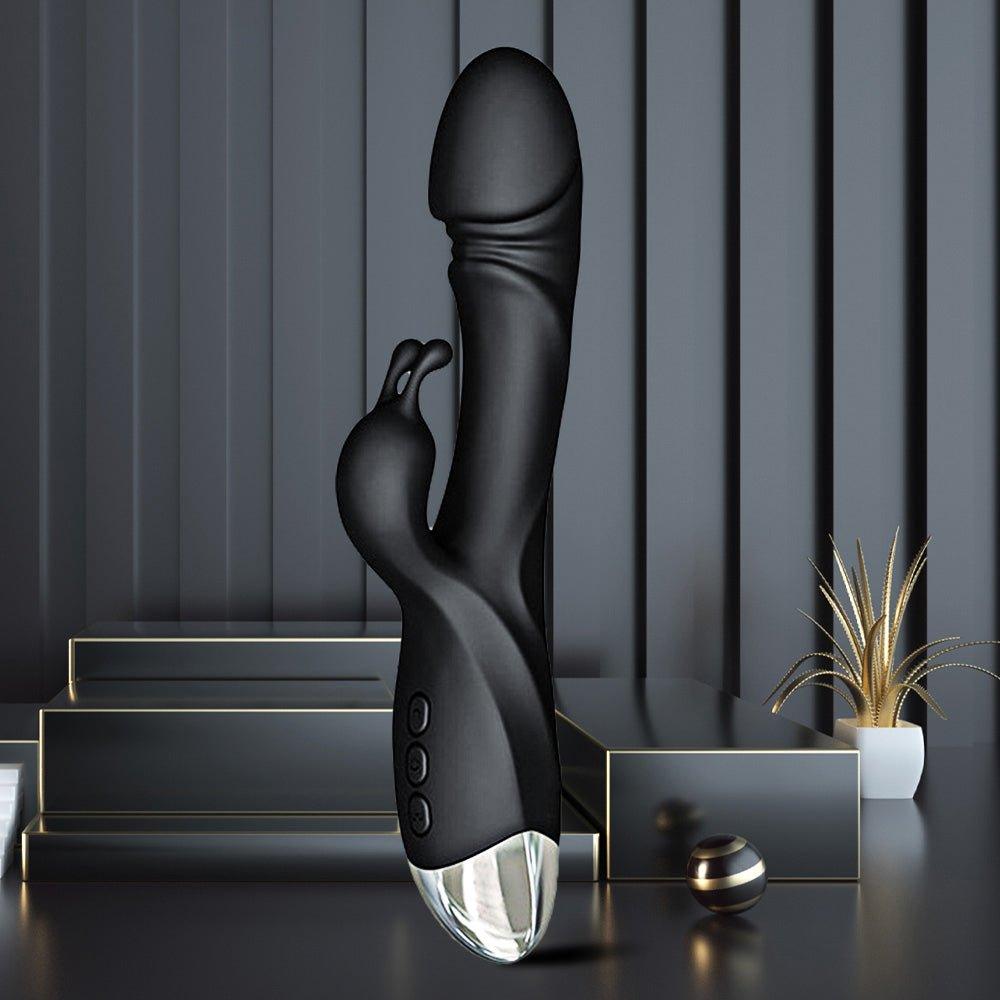 Nipple massage rabbit vibrator shown in full front view with dual stimulators