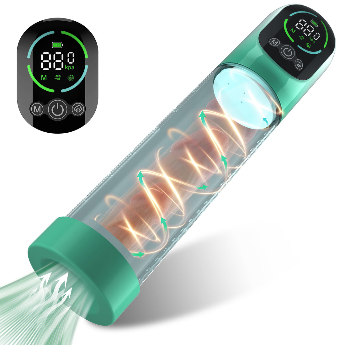 Electric penis vacuum pump shown in full front view with clear cylinder