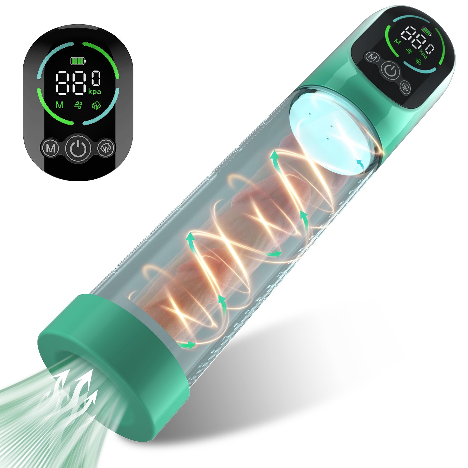 Electric penis vacuum pump shown in full front view with clear cylinder