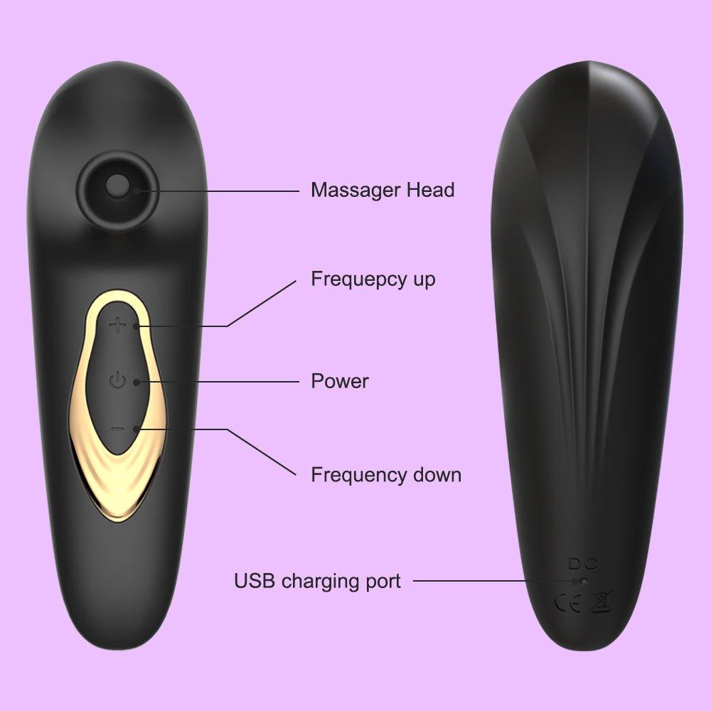 Clitoral vibrator displayed upright with visible control button