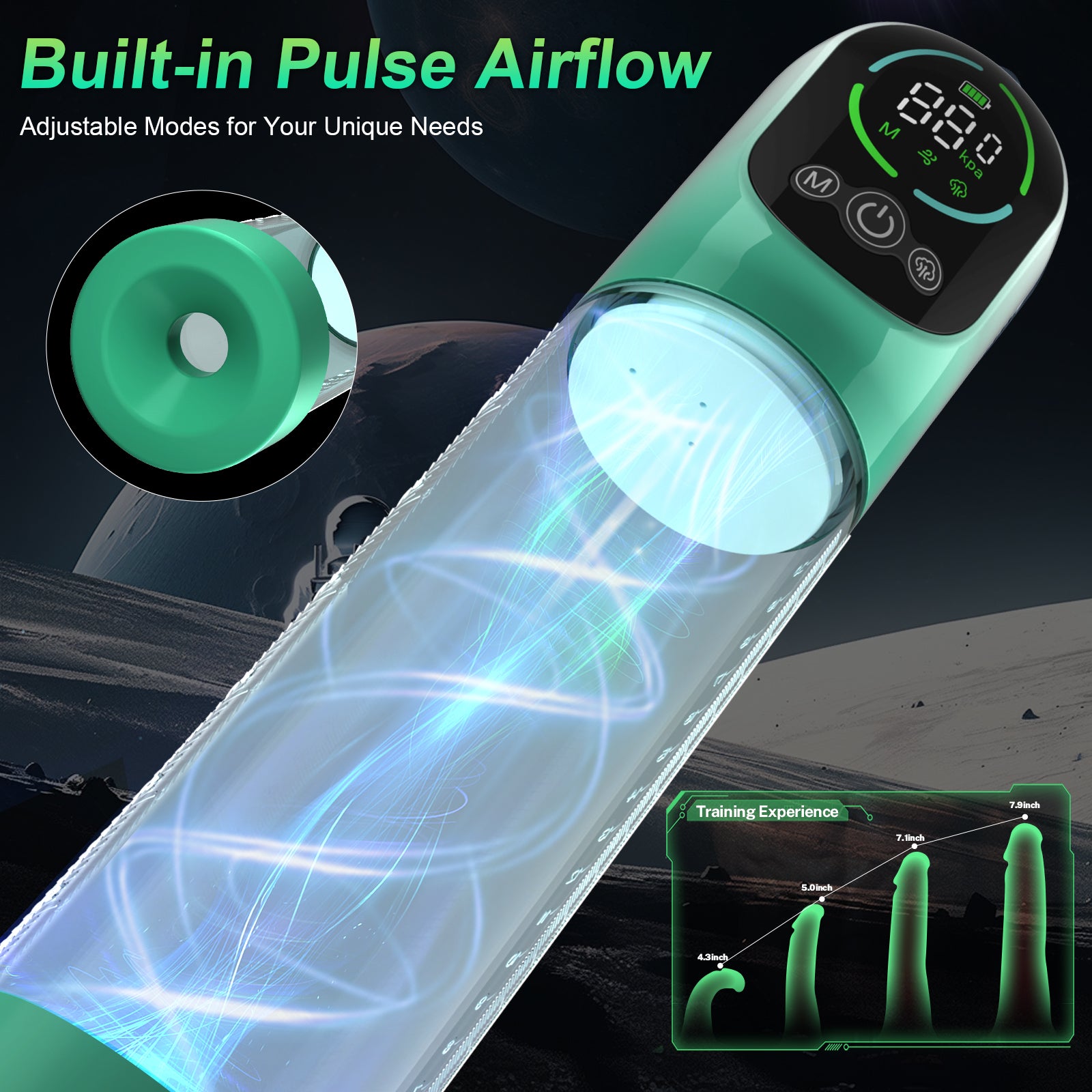 Electric penis enlarger displayed upright with power and mode buttons