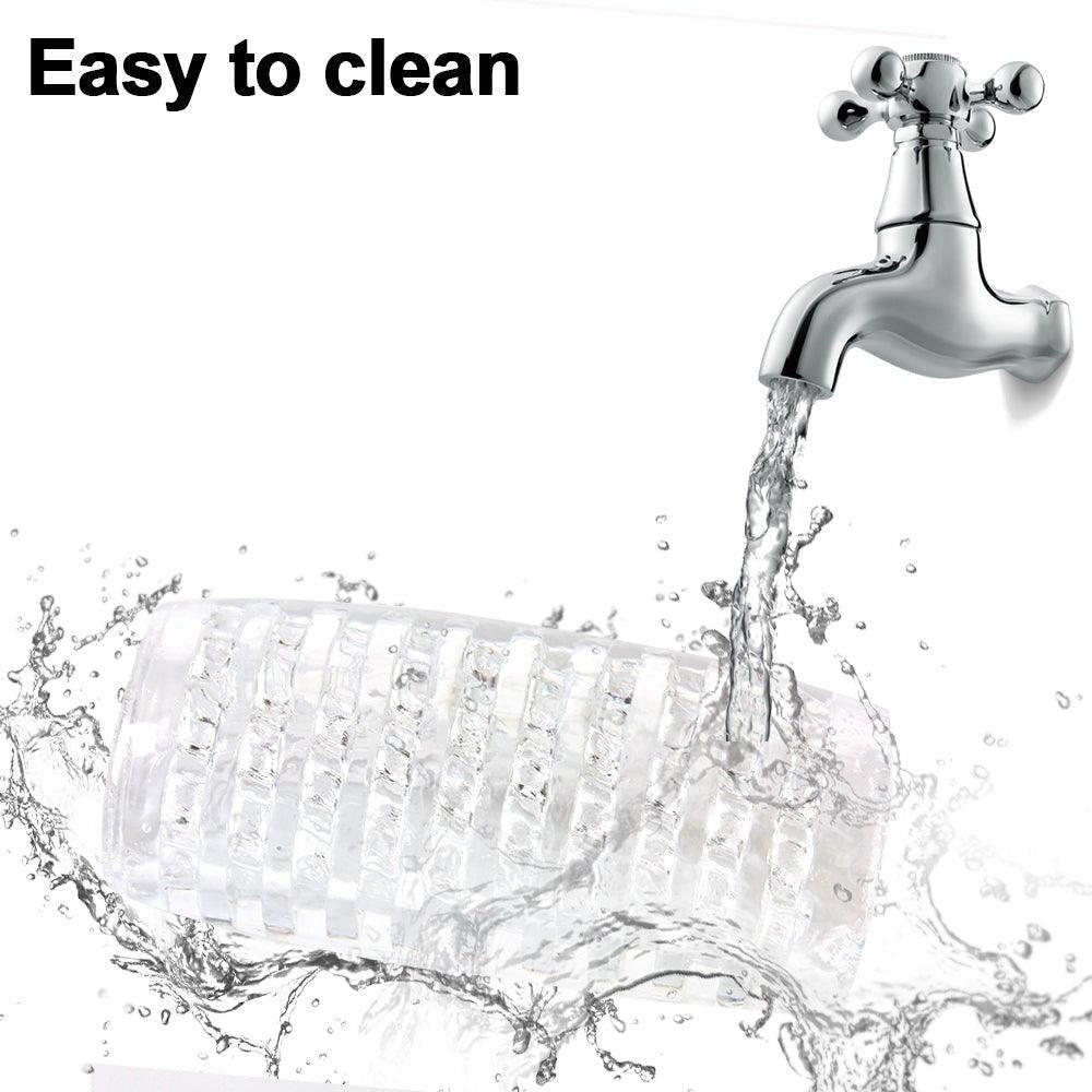 9cm clear male masturbator shown from angled top view