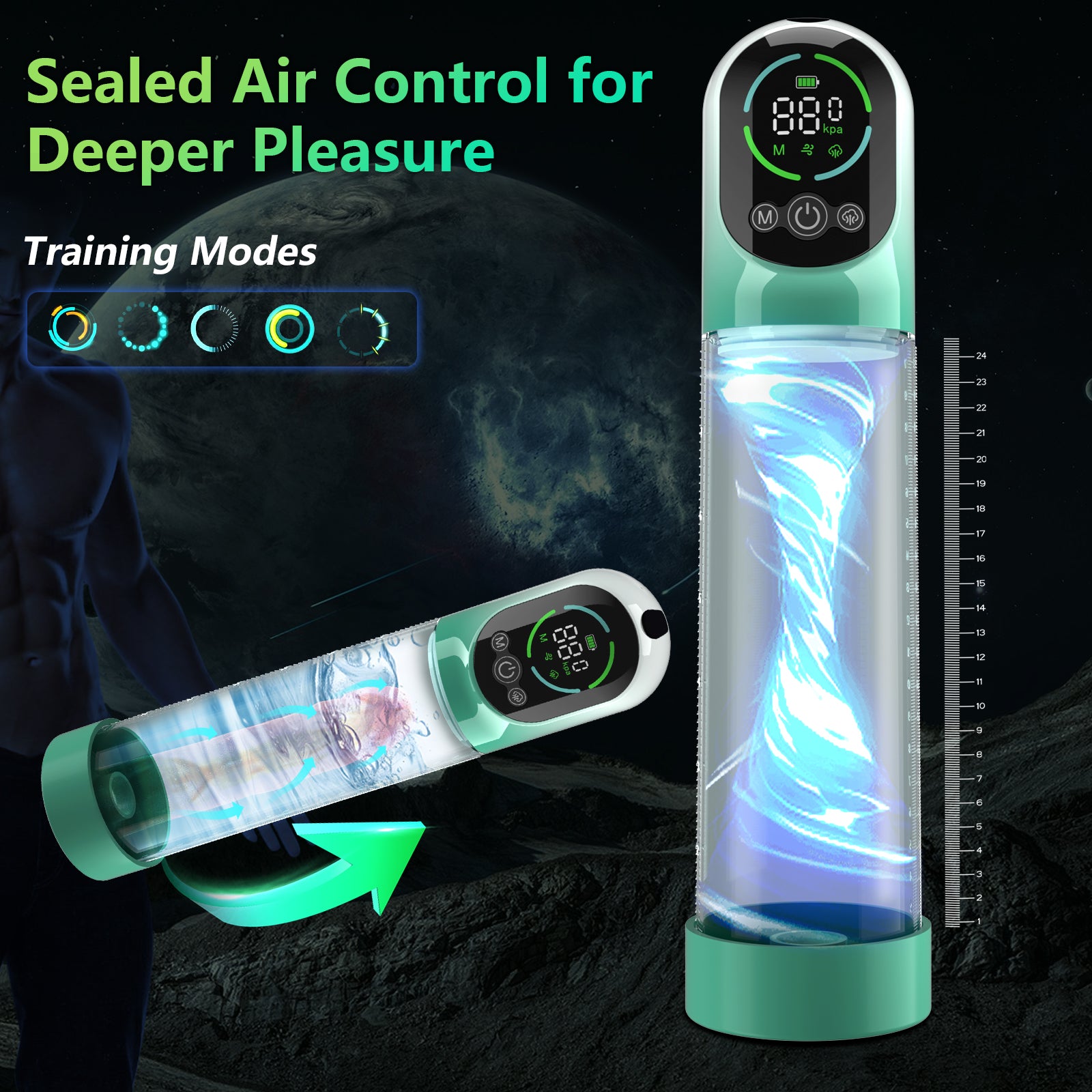 Vacuum pump shown flat with detachable parts and clear tube