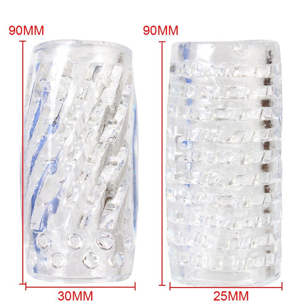 Compact transparent masturbator displayed with complete design