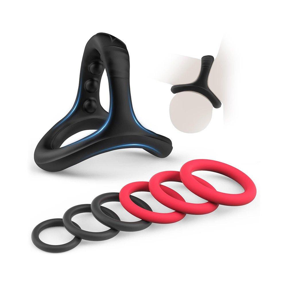 Black silicone cock rings set displayed on white background