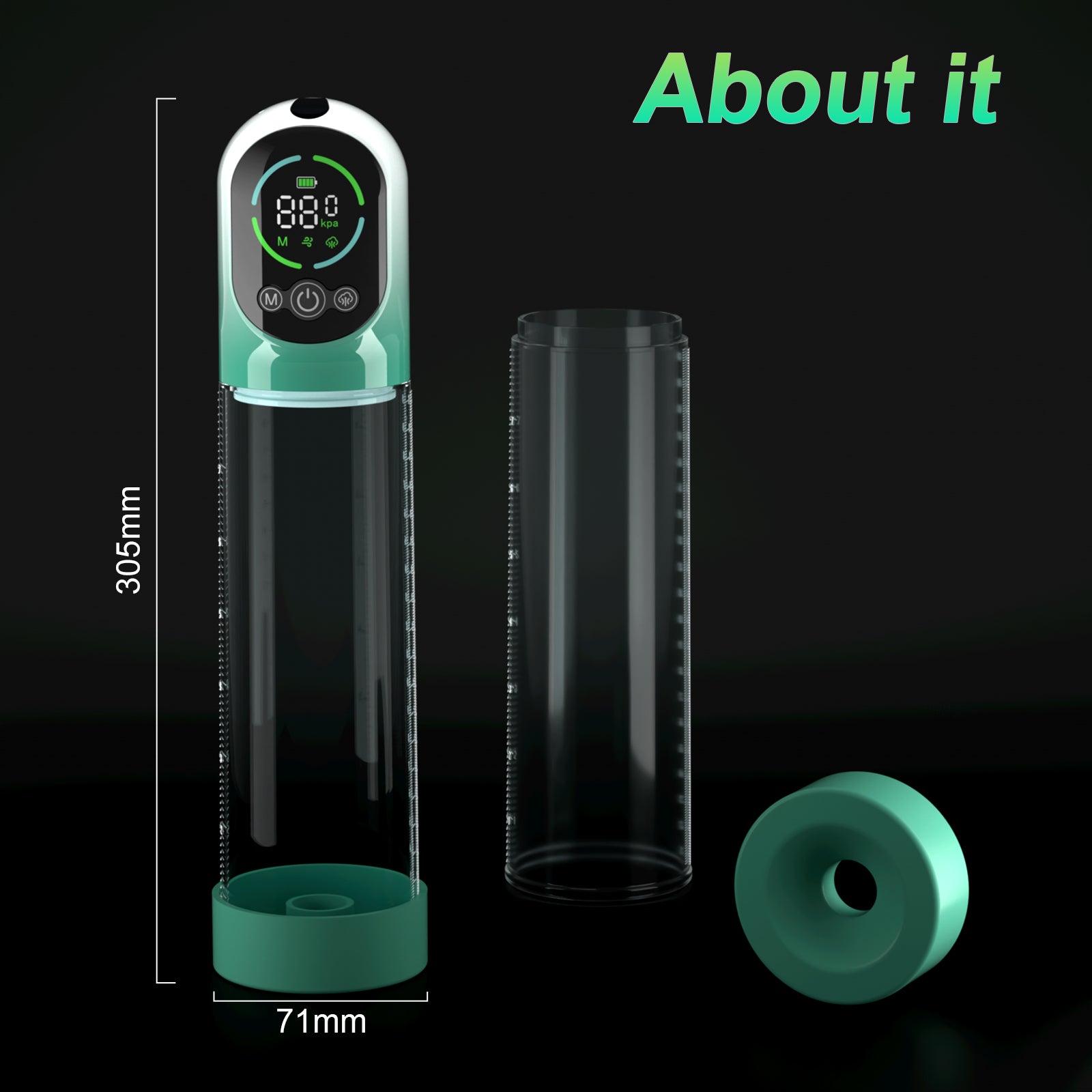 Penis vacuum pump shown with all accessories and full product layout