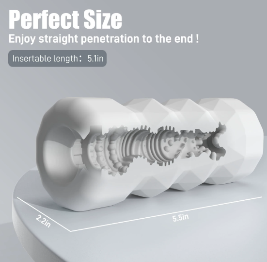 Perfect size airplane cup masturbator — insertable length 5.1in with size measurements shown