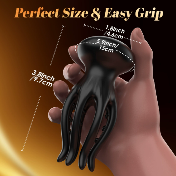 Cuttlefish penis trainer size & easy grip — handheld trainer showing dimensions (3.8in/9.7cm length, 5.9in/15cm width)