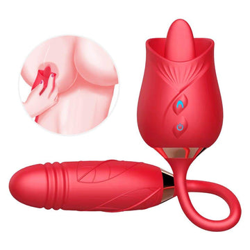 Rose dildo vibrator shown in full front view with floral silicone design