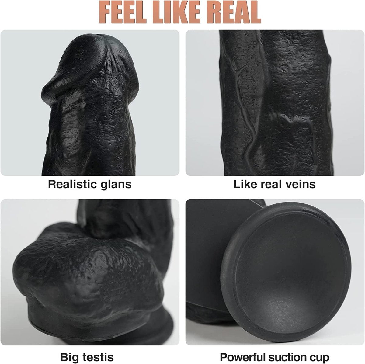 Large realistic black dildo showing suction base and curved shaft