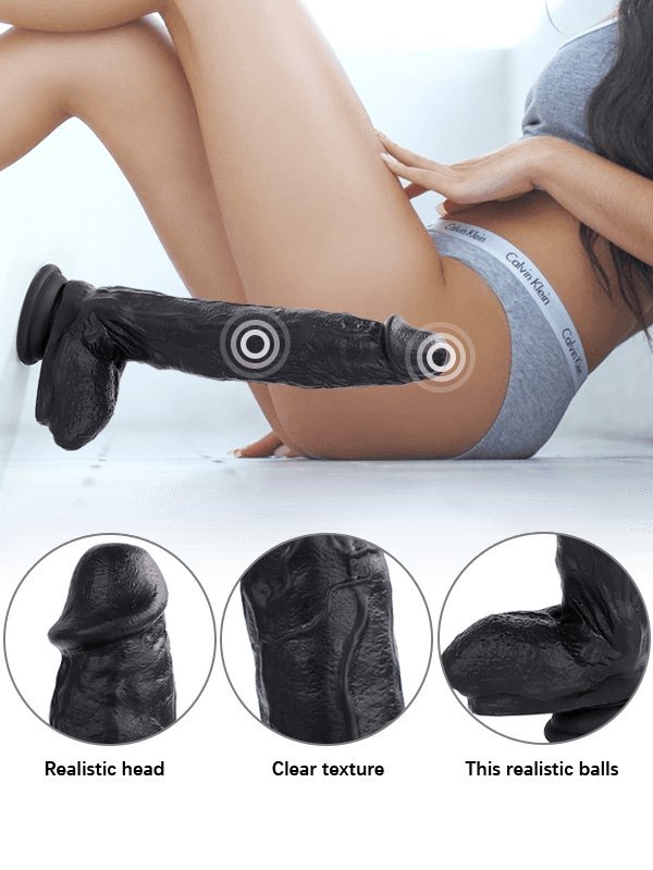 Black silicone dildo for women shown on white background