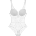 Sheer transparent French lace one-piece bodysuit with push-up cups
