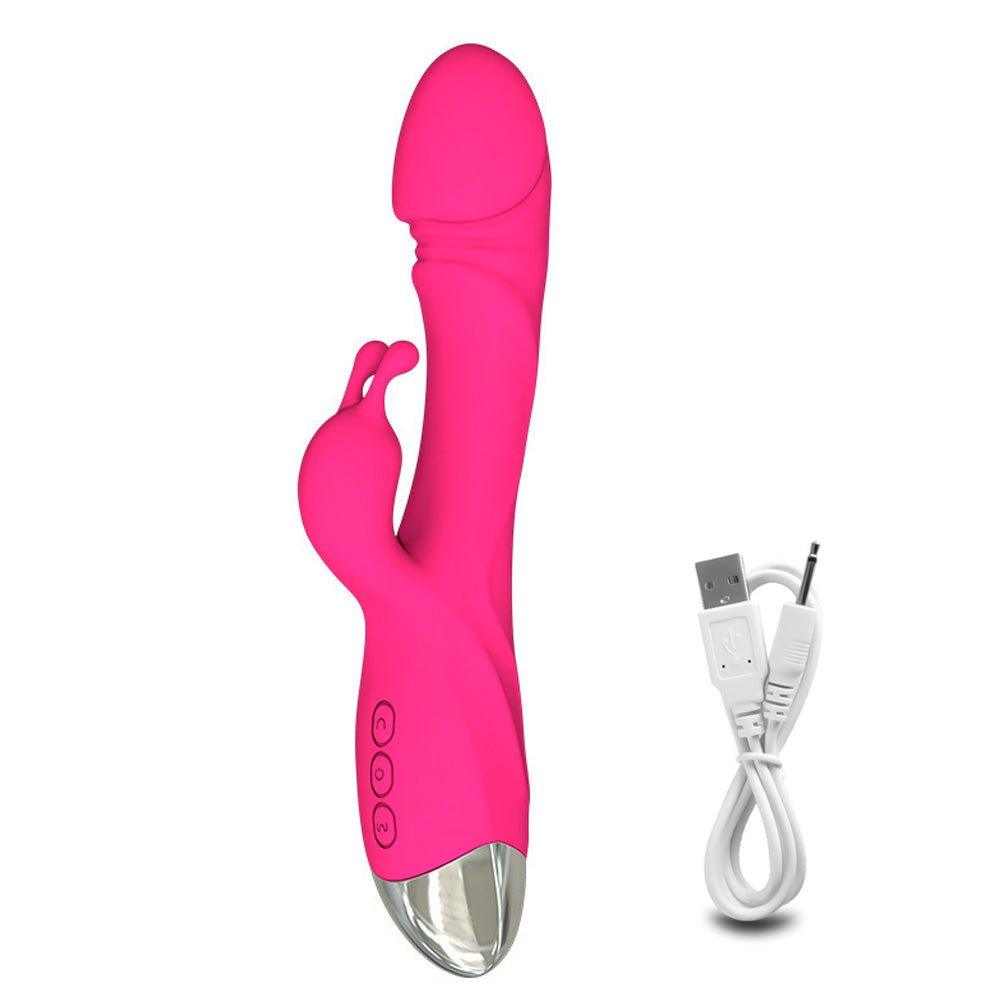 Multi-function rabbit dildo shown with charging cable and accessories