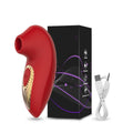Pink sucking vibrator displayed with accessories and packaging