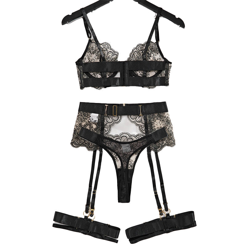 White embroidered lace suspender top with matching lace bottom