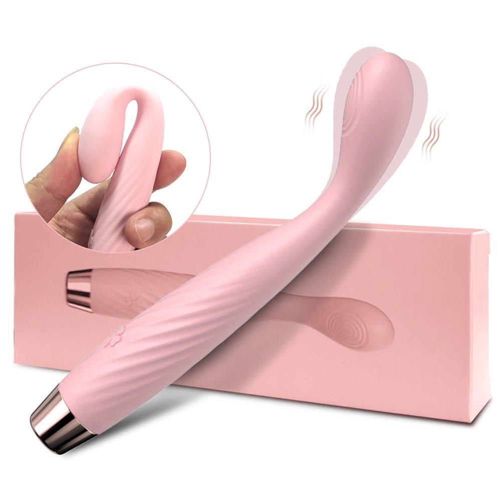 Beginner G-spot vibrator shown in full front view with curved silicone body