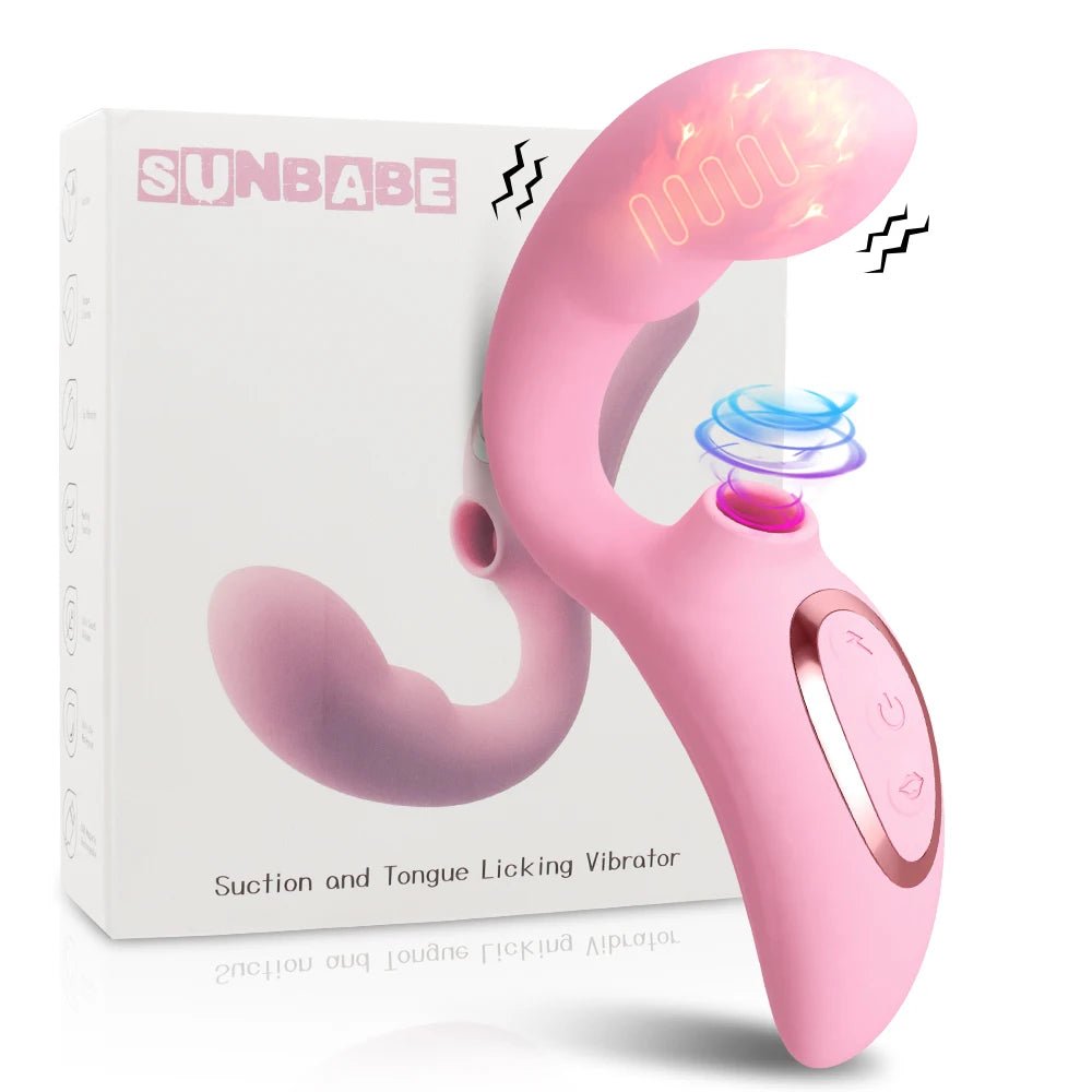 Heating clitoral sucking vibrator displayed in pink silicone