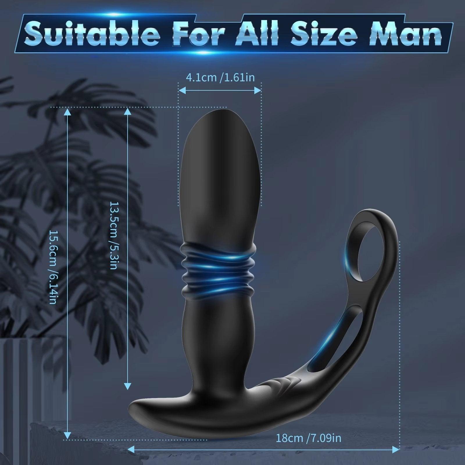 USB-rechargeable prostate massager displayed with charging cable and silicone body.