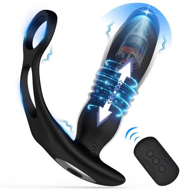 Black prostate telescopic butt plug massager shown on a clean white background.
