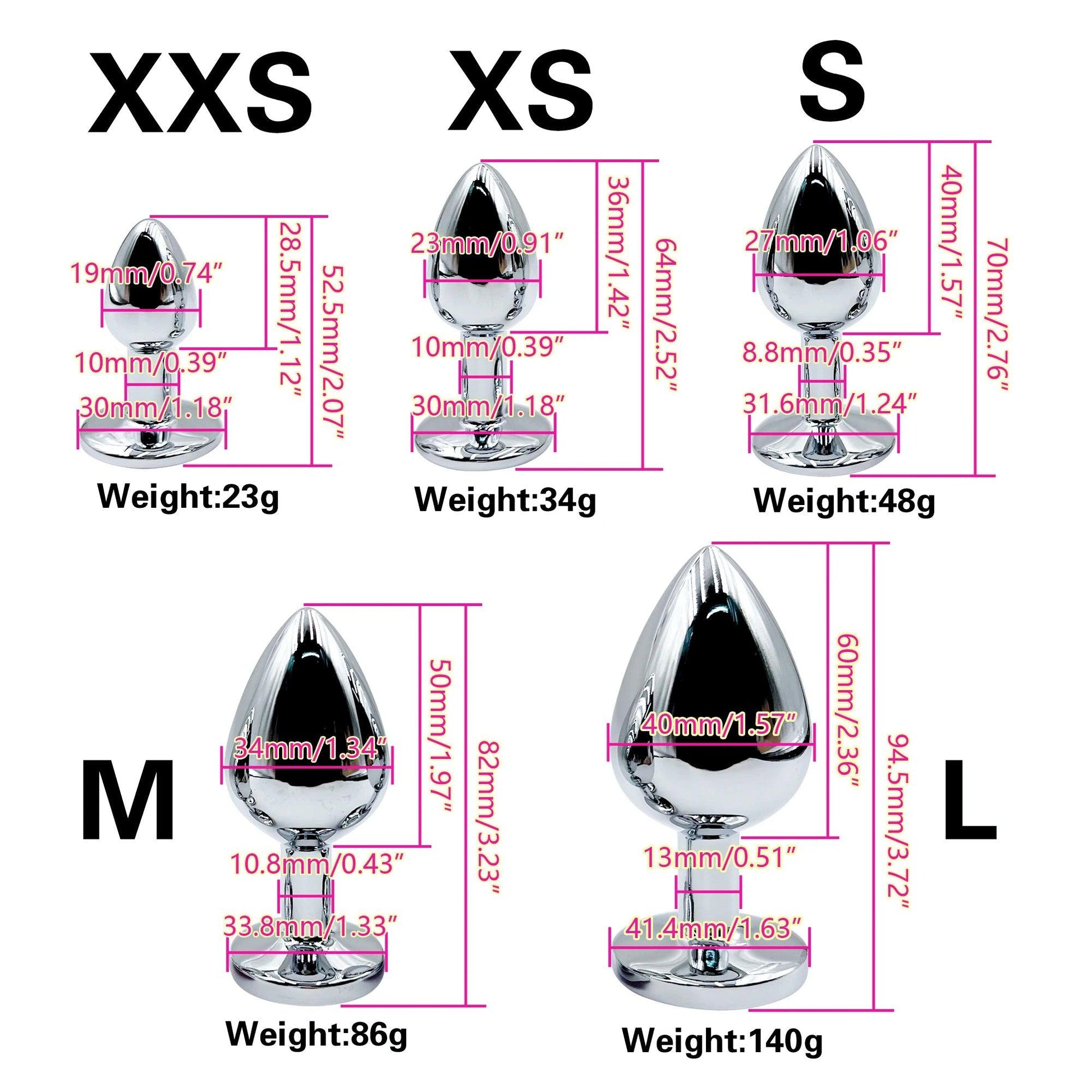 Metal butt plug with smooth tapered shape and clear crystal gem