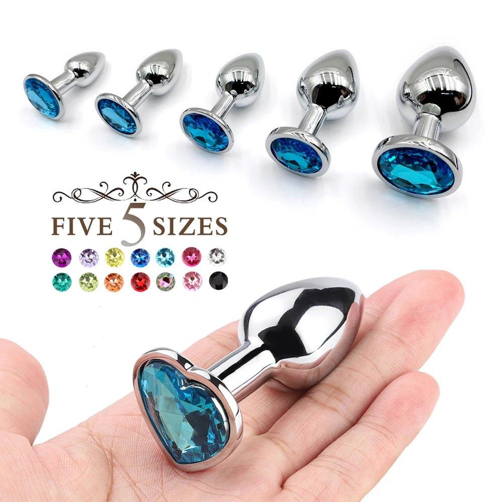 Stainless steel butt plug highlighting smooth finish and jewel detail