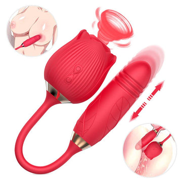 Rose-shaped 2-in-1 vibrator toy in pink with soft silicone design shown on a clean background.