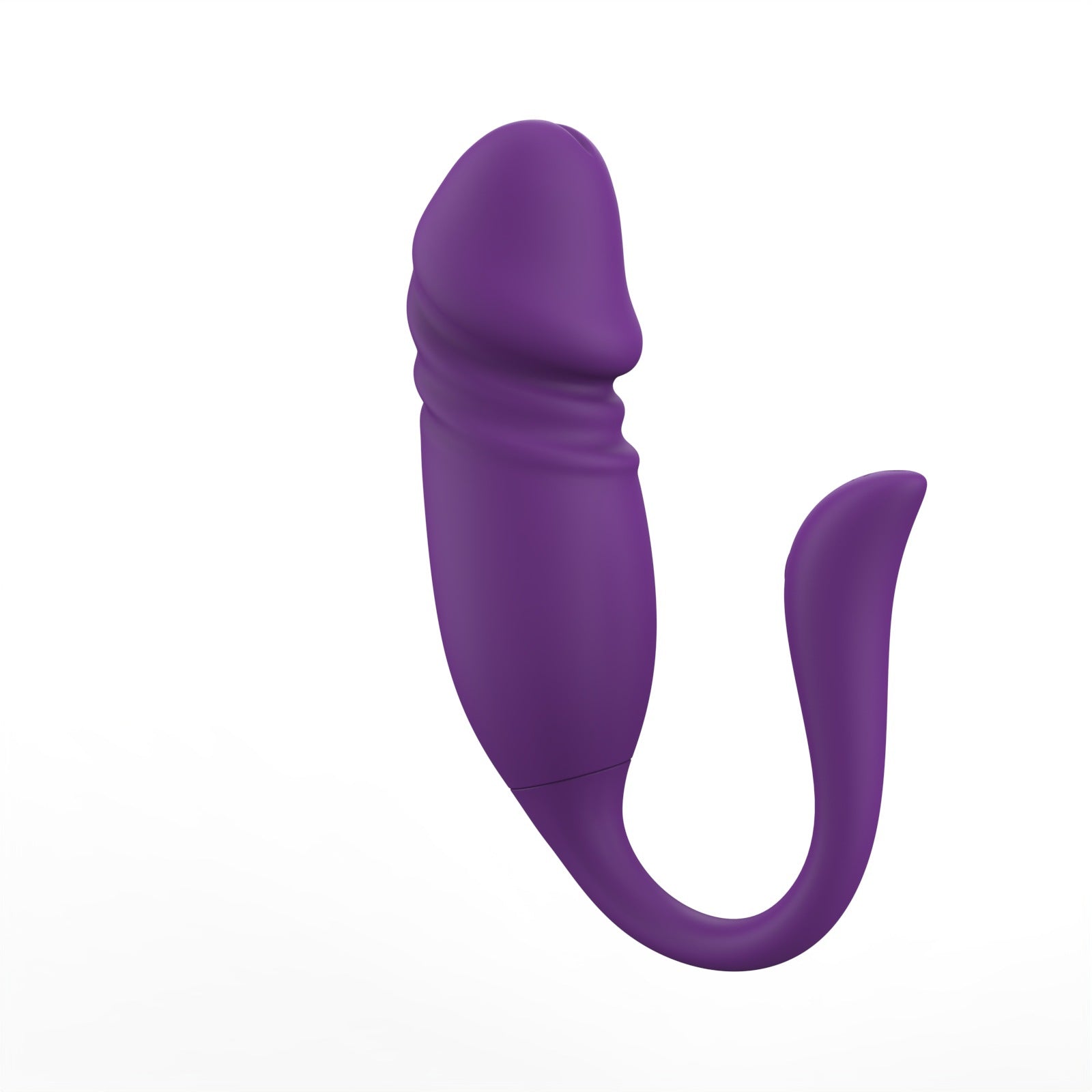Wearable thrusting vibrator with realistic tip shown in full front view