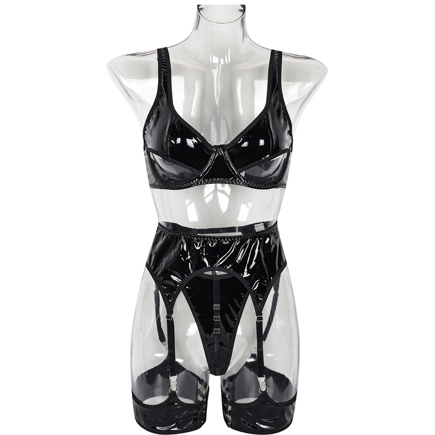 Women’s Faux Leather 3-Piece Themed Costume Set, Hollow Out Half Cup Outfit with Wide Shoulder Straps