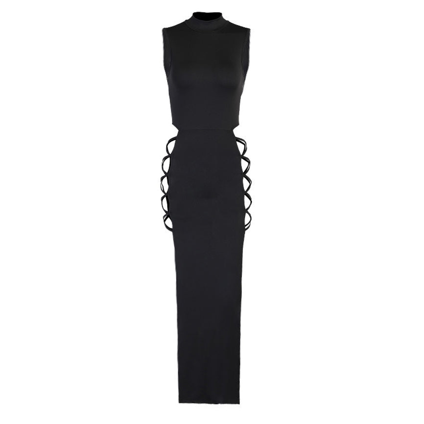 Women’s Sleeveless High Neck Maxi Dress, Side Lace-up Cutout Slit Themed Outfit