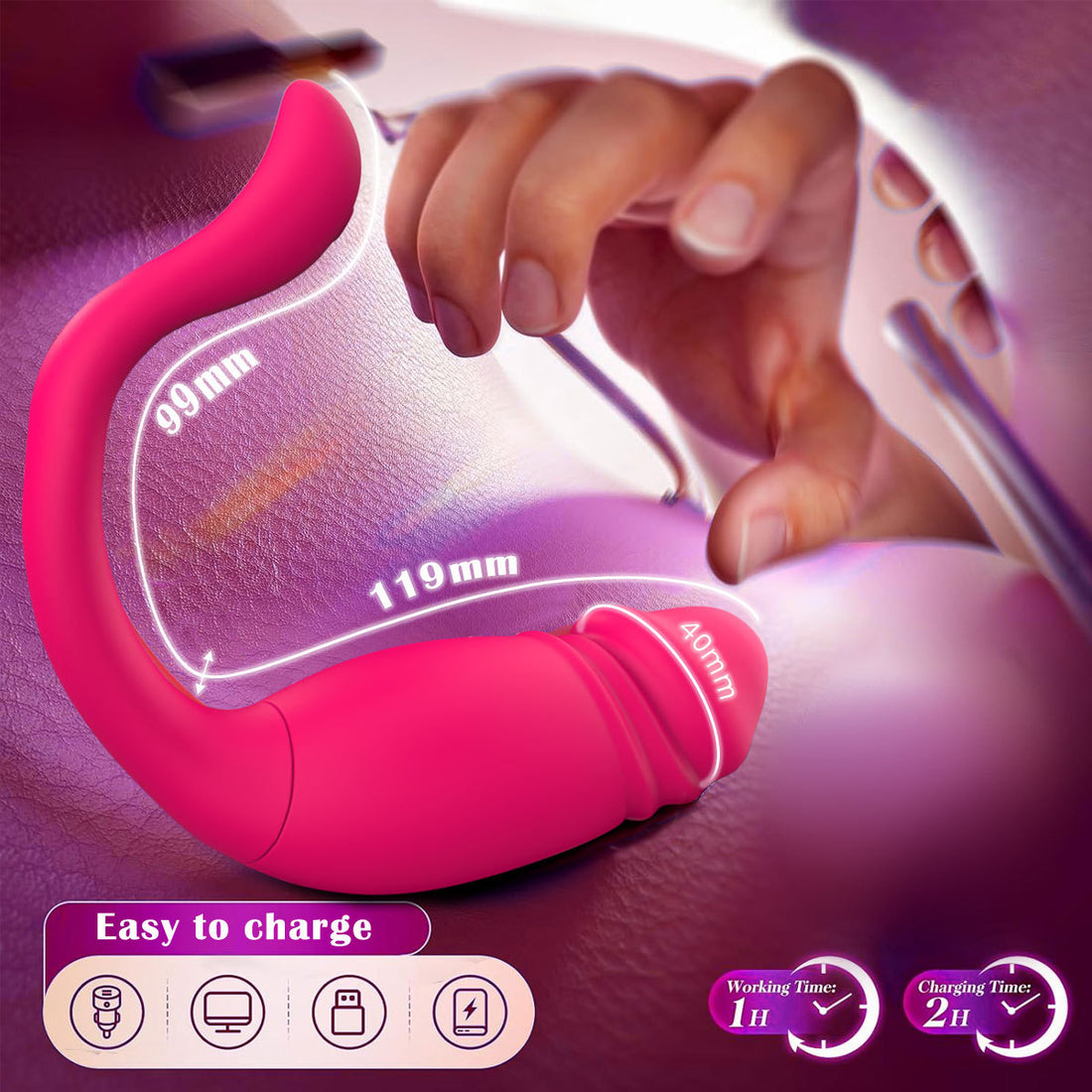 Wearable thrusting vibrator with realistic tip shown in full front view