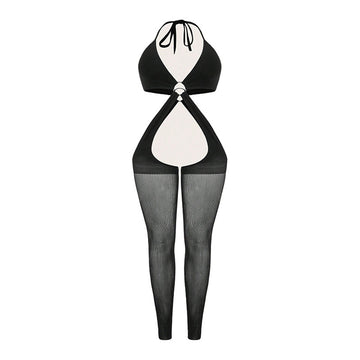 Women’s Halter Cutout Bodysuit with O-Ring & Attached Mesh Stockings, Adult Themed Costume