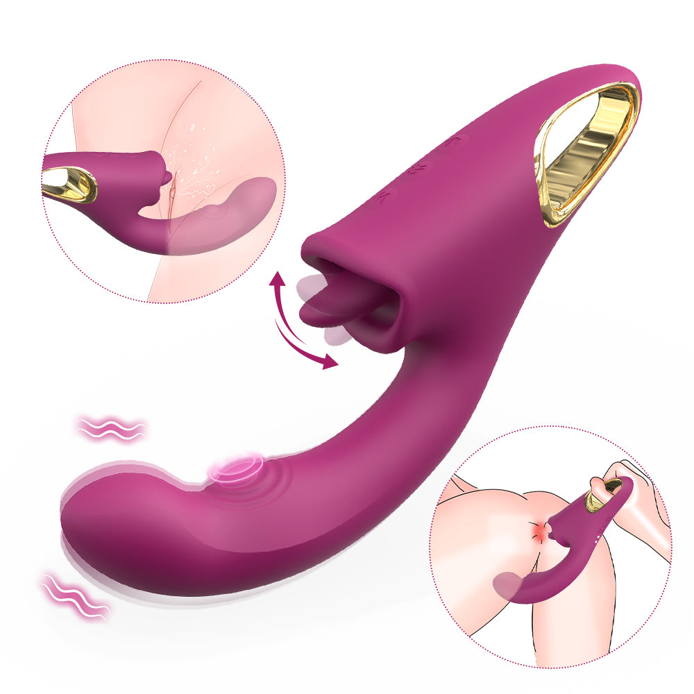 Tongue licking G-spot vibrator shown in full front view with curved design