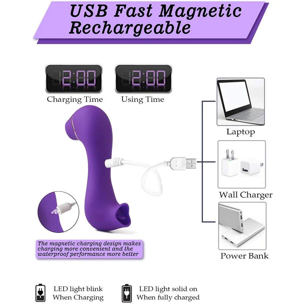 Pink vibrator illustrating multiple vibration and suction mode icons.