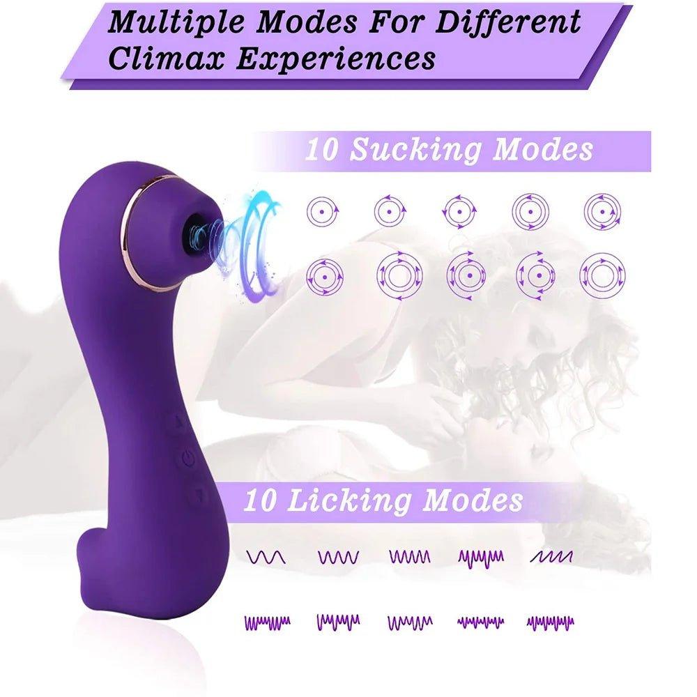 Pink 2-in-1 clitoral sucking and tongue licking vibrator shown on a clean white background.