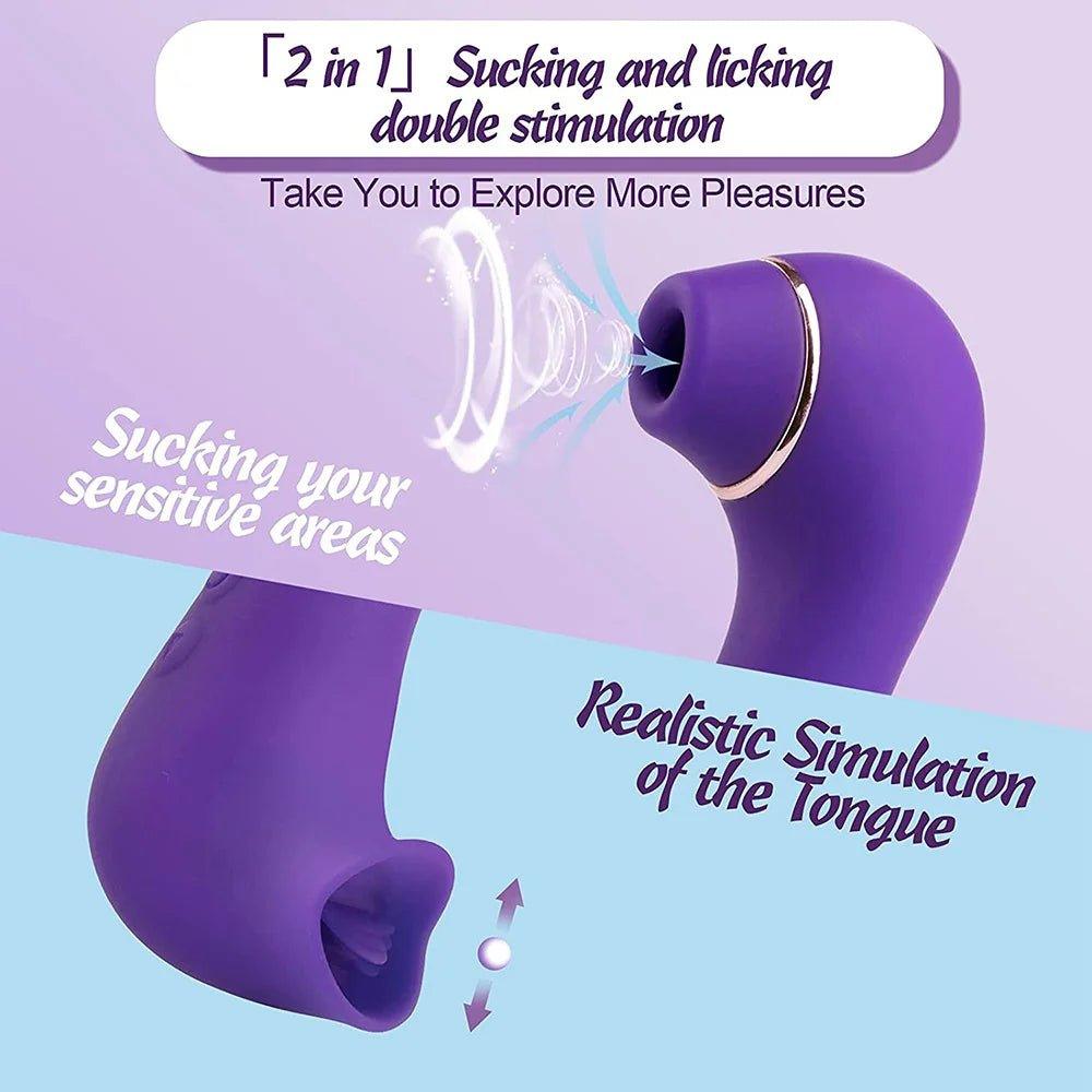 2-in-1 licking and suction vibrator displaying flexible silicone head and curved body.