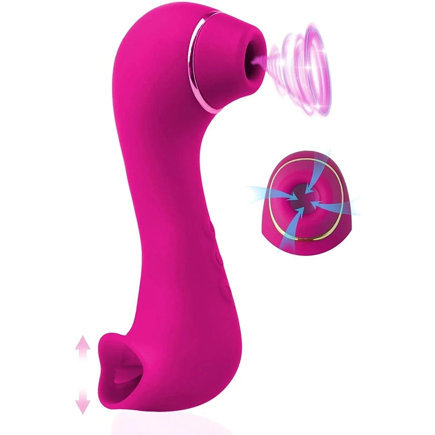 Curved 2-in-1 vibrator with suction head and textured licking pad shown from a side angle.