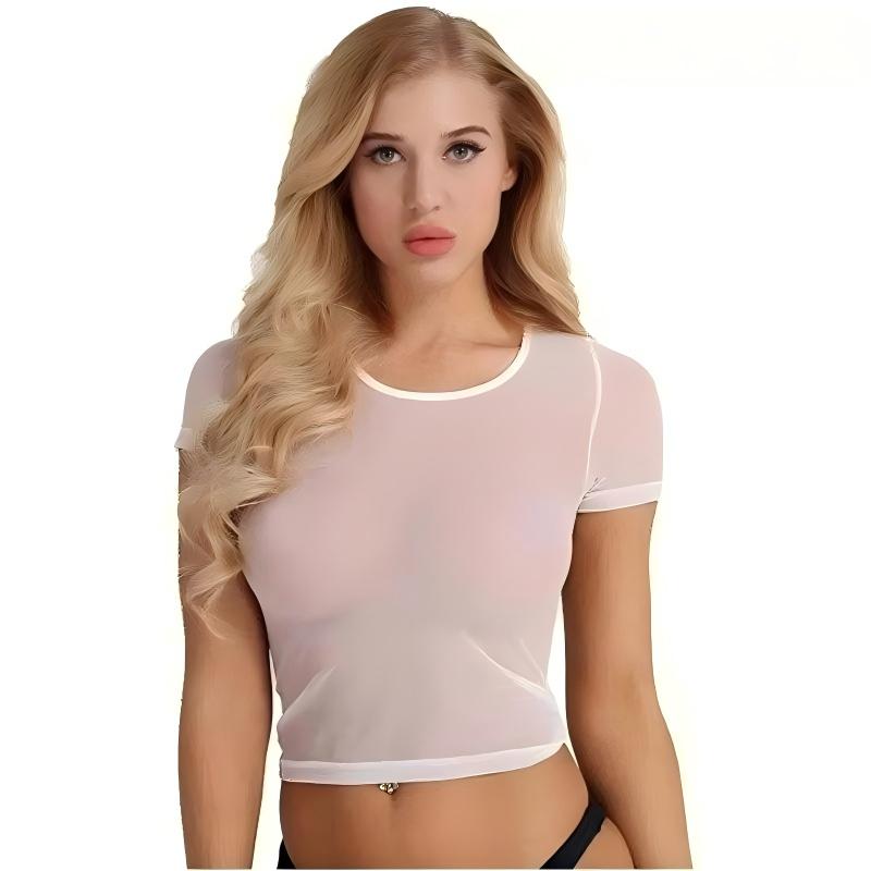 Women's Sexy Sheer Mesh Short-Sleeve Mid-Length Shirt, Office Secretary Uniform See-Through Sexy Lingerie