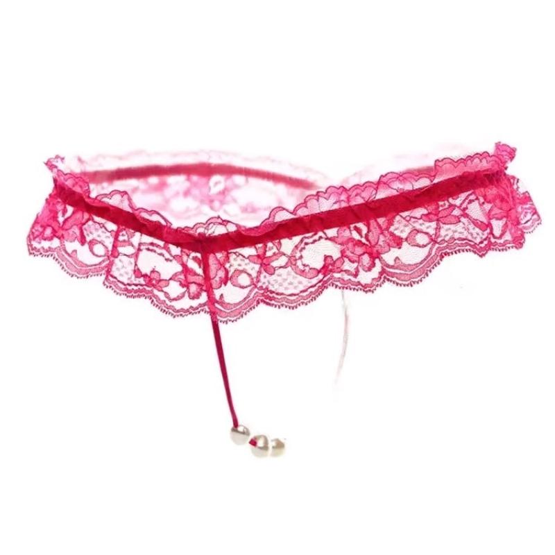 Sexy Lace Thong Panties with Pearl Decoration, Open Crotch Women's Lingerie Underwear