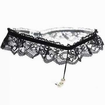 Sexy Lace Thong Panties with Pearl Decoration, Open Crotch Women's Lingerie Underwear