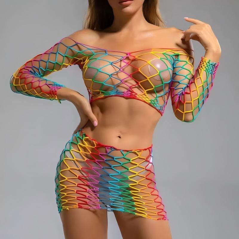 Rainbow Fishnet Mini Dress Off Shoulder Long Sleeve Sheer Mesh Cover Up