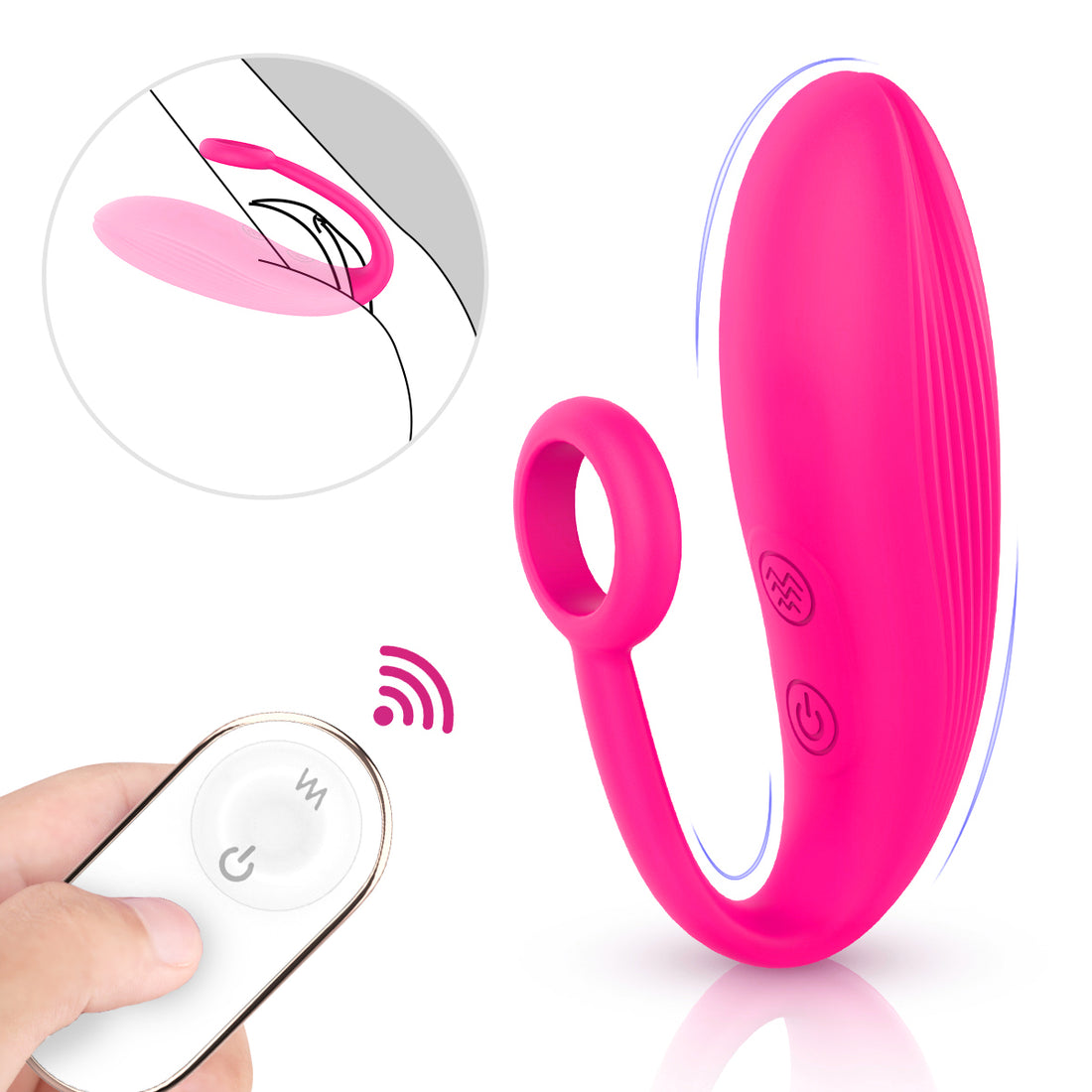 Compact wearable female vibrator shown in front view with curved design