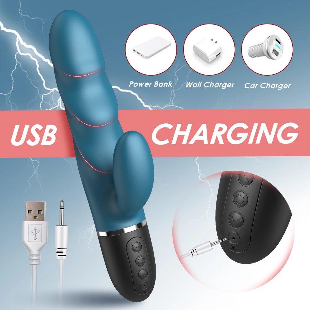 Long rabbit vibrator shown flat with control buttons visible