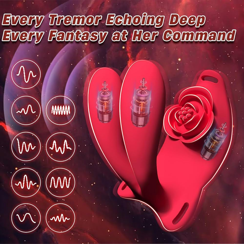 Red electronic device with floral design on a dark background with text