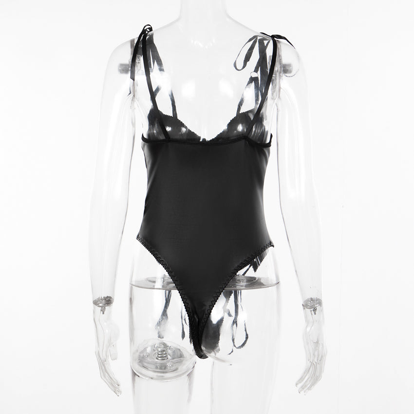 Women’s Faux Leather Lace-Up Bodysuit, Spaghetti Strap Themed Outfit for Night Events