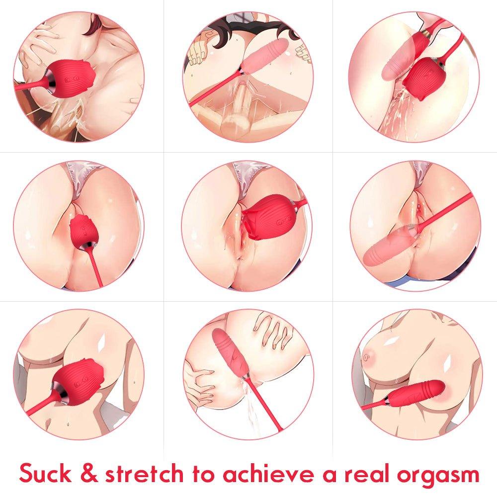 Rose-shaped 2-in-1 vibrator toy in pink with soft silicone design shown on a clean background.