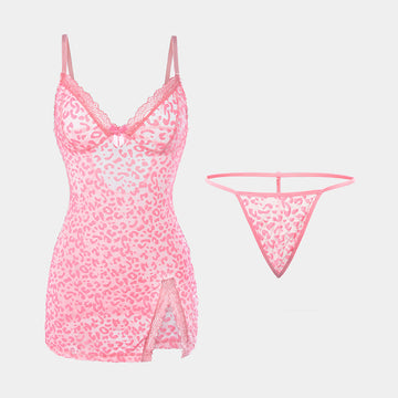 Lace Chemise Set – Pink Leopard Pattern, with Thong