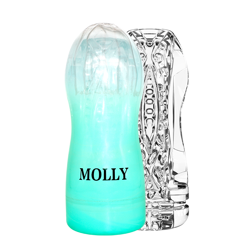 Telescopic and rotating masturbator with removable sleeve shown