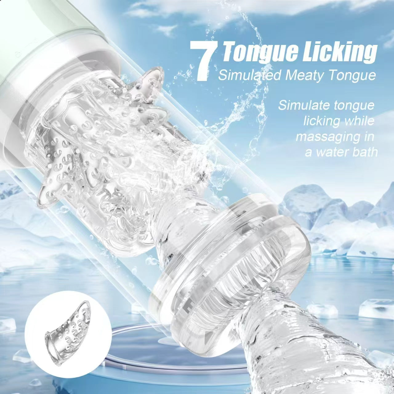 7 tongue-licking simulated “meaty tongue” poster — simulated tongue licking while massaging in a water bath (feature graphic)