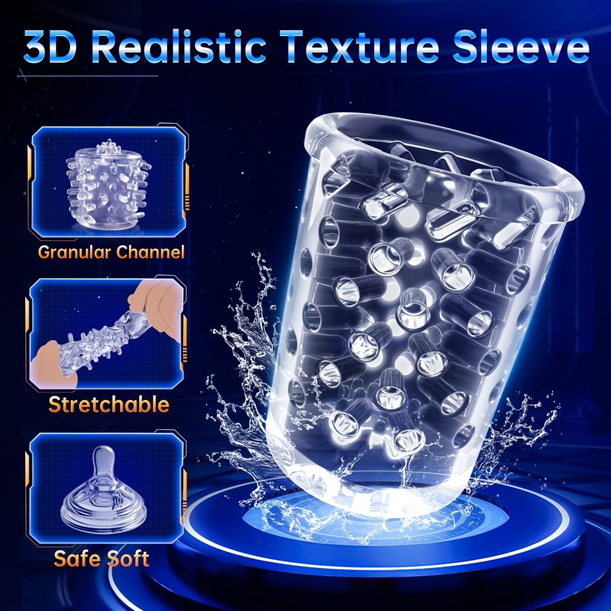 Male sex toy displayed with charging cable and accessory components